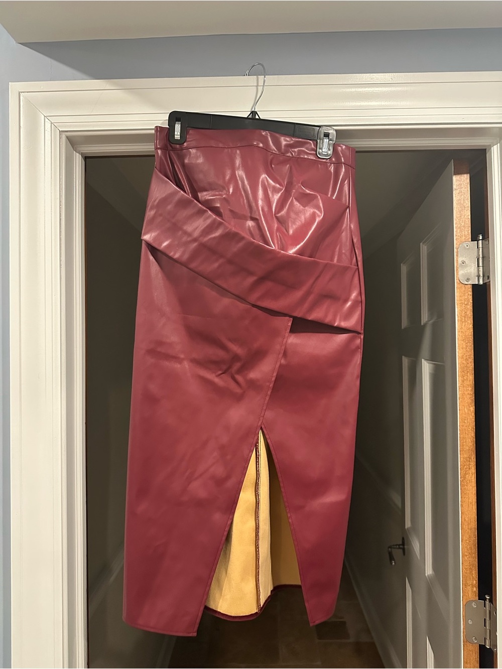 Commense Burgundy Faux Leather Midi Skirt with Front Wrap and Center Slit